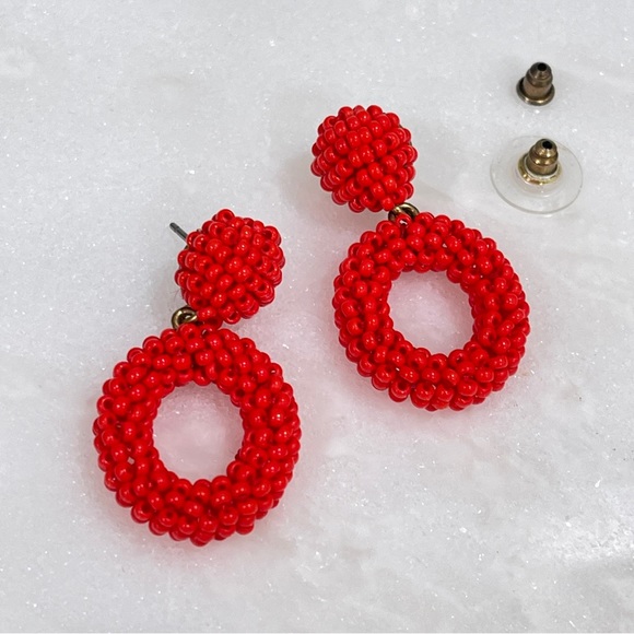 SOLD J.Crew Bright Cerise Mini Bead Drop Hoop Earrings - Picture 5 of 6